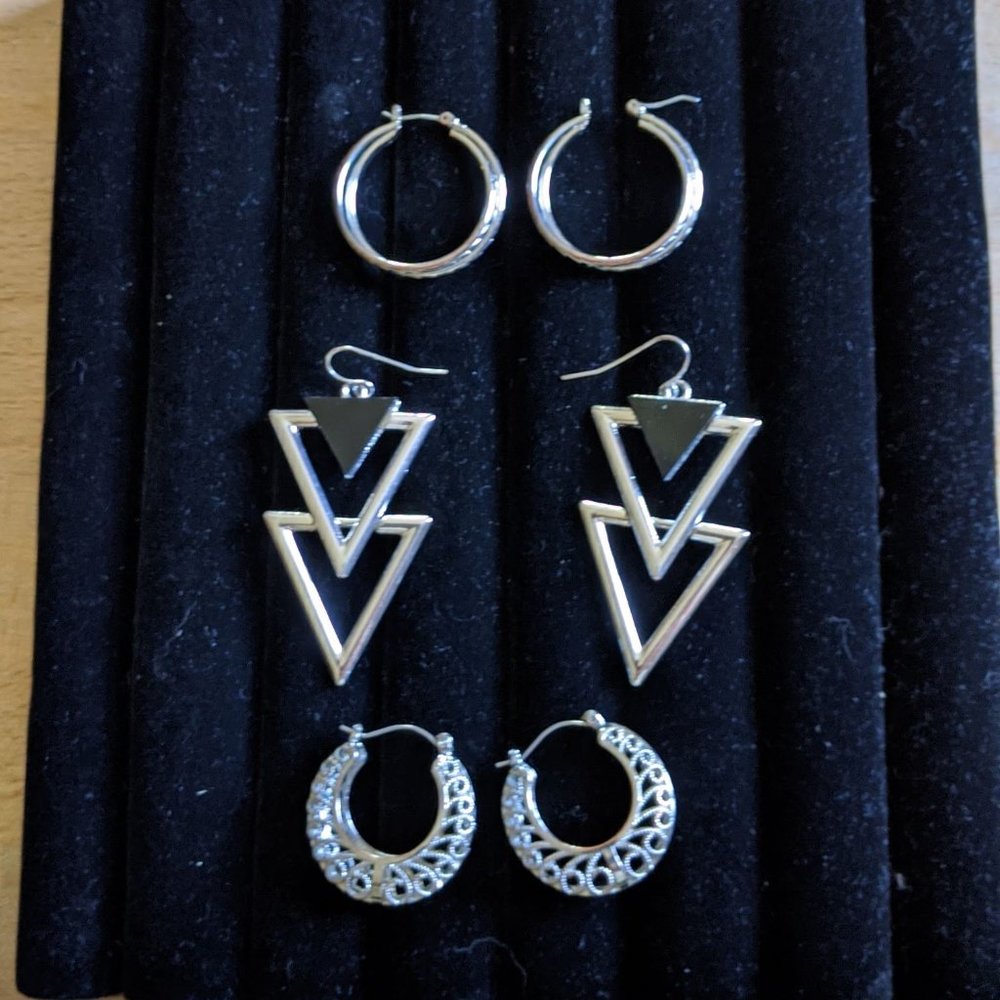 Lot of Three pairs Of Silver Tone Modern Earrings